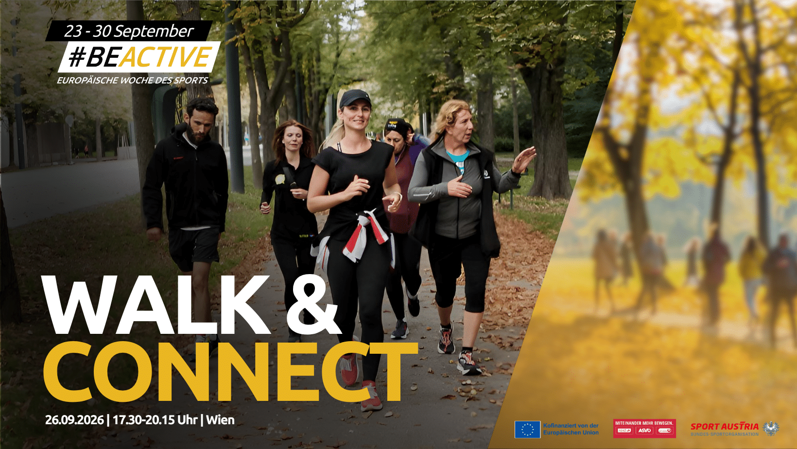 Gruppe von Menschen bei einem gemeinsamen Walk – Walk & Connect, die #BeActive Ring Challenge